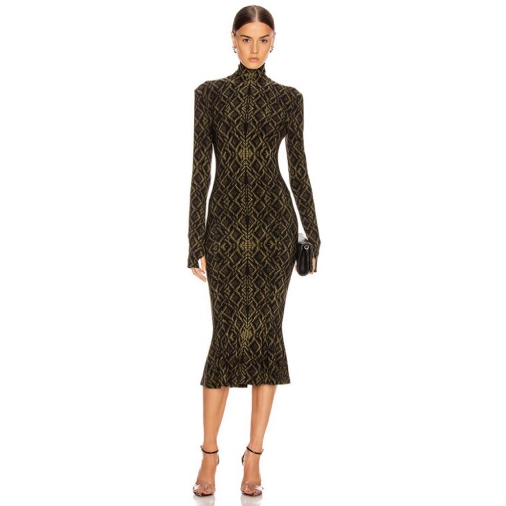 norma kamali NEW long sleeve turtle fishtail dress to midcalf in Olive - XS